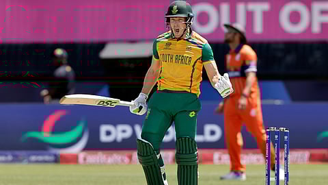 South Africa's David Miller celebrates scoring the winning runs against the Netherlands during an ICC Men's T20 World Cup cricket match on June 8, 2024.