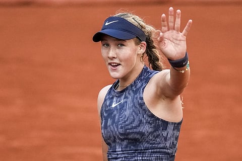 Russia's Mirra Andreeva celebrates winning her fourth round match of the French Open tennis tournament on Monday, June 3, 2024.
