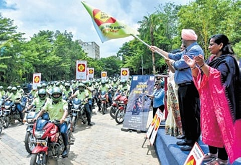 The bike rally being flagged off by VC of KIIT University Saranjit Singh in Bhubaneswar on Thursday