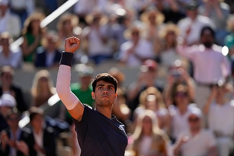 Spain's Carlos Alcaraz reacts during his semifinal match of the French Open against Italy's Jannik Sinner at the Roland Garros stadium in Paris (Photo | AP)