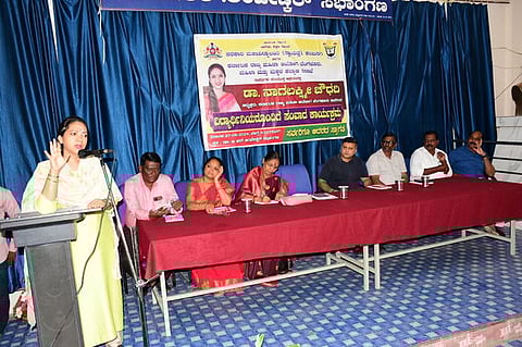 Chairperson of Karnataka state women's commission Nagalakshmi Choudhary speaking in the interactive programme in Kalaburagi on Thursday