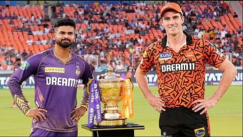 KKR skipper Shreyas Iyer (L) and SRH captain Pat Cummins before the final of IPL 2024