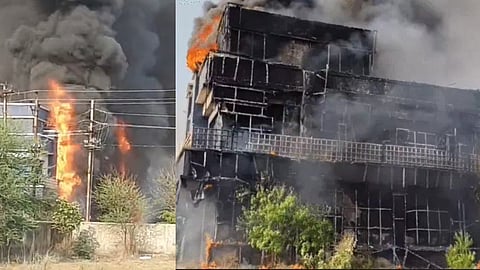 (L-R) Protestors set fire to Collectorate building in Chhattisgarh.