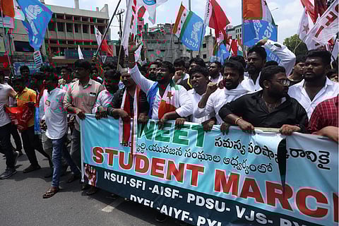 HYDERABAD - NSUI along with other student organizations hold a massive protest in Hyderabad against the alleged NEET paper leak on Tuesday, June 18, 2024.