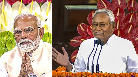 Bihar CM and JD(U) leader Nitish Kumar speaks during the NDA parliamentary party meeting at Samvidhan Sadan.