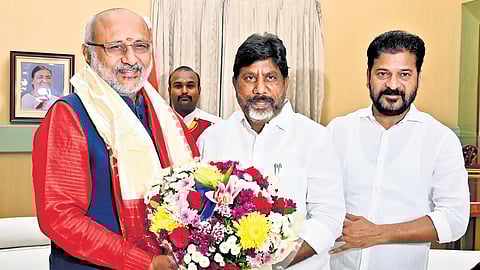 Chief MinisterA Revanth Reddy and Deputy Chief Minister Mallu Bhatti Vikramarka call on Governor CP Radhakrishnan at the Raj Bhavan in Hyderabad