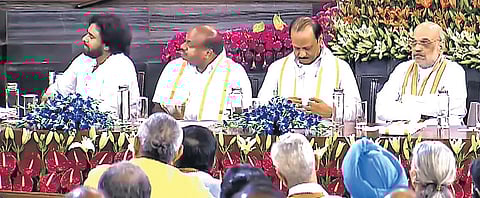(From left) JSP chief Pawan Kalyan, Karnataka JDS president HD Kumaraswamy, NCP chief Ajit Pawar, and senior BJP leader Amit Shah during the NDA Parliamentary party meeting at Samvidhan Sadan, in New Delhi, on Friday