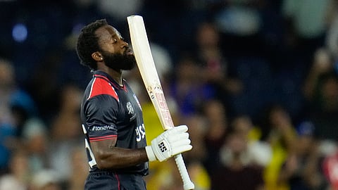 United States' Aaron Jones reacts after hitting the winning runs during the men's T20 World Cup cricket match between the United States and Canada at Grand Prairie Stadium, in Grand Prairie, Texas.