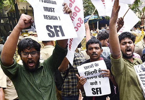 Members of Students Federation of India and other student unions stage a protest over NEET and UGC-NET issues outside Shastri Bhawan, in New Delhi