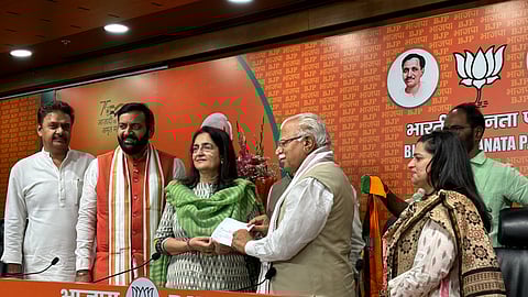Haryana Congress leader Kiran Chaudhry and her daughter Shruti Chaudhry join BJP in the presence of Union Minister Manohar Lal Khattar,Haryana CM Nayab singh Saini and others at BJP HQ in New Delhi on wednesday.