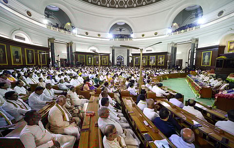 Bharatiya Janata Party (BJP) National President JP Nadda addresses the National Democratic Alliance (NDA) Parliamentary Party meeting, at the Samvidhan Sadan, in New Delhi on Friday.