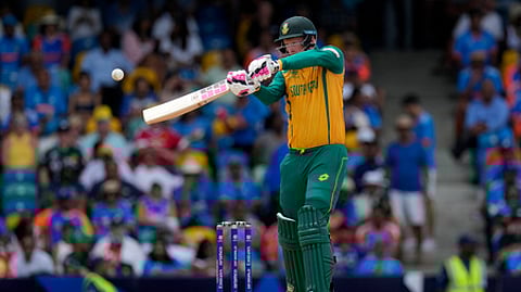 South Africa's Heinrich Klaasen plays a shot during the ICC Men's T20 World Cup final cricket match between India and South Africa.