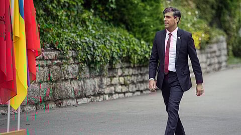 British Prime Minister Rishi Sunak arrives at the Ukraine peace summit in ObbĂĽrgen, Switzerland, Saturday, June 15, 2024.
