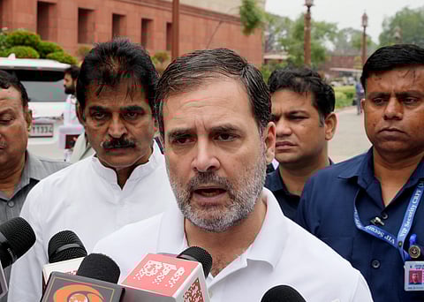 Leader of Opposition Rahul Gandhi addresses the media during ongoing Parliament session, in New Delhi, Friday, June 28, 2024.