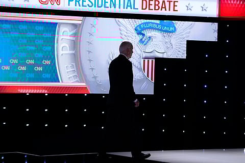 President Joe Biden walks from the stage during a break in a presidential debate with Republican presidential candidate former President Donald Trump Thursday, June 27, 2024, in Atlanta.