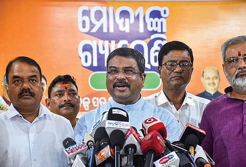 Dharmendra Pradhan addressing mediapersons on Tuesday