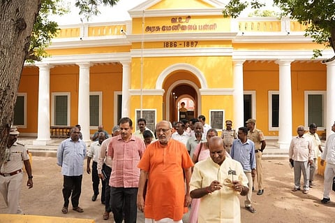 Lieutenant Governor CP Radhakrishnan inspected the renovated building of VOC Government Higher Secondary School along with PWD Minister K Lakshminarayanan and officials on Saturday. Pic for Bagalavans story.