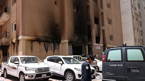 A picture shows a building that was engulfed by fire in Kuwait City on June 12, 2024.