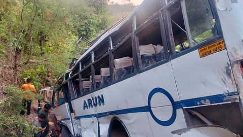 A bus after it plunged into a gorge following an ambush by terrorists, in Reasi district of Jammu and Kashmir.