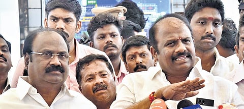 MLAs T Udhayasuriyan and K Karthikeyan talking to reporters