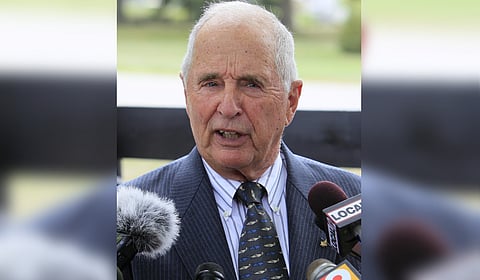 Apollo 8 astronaut William Anders talks about astronaut Neil Armstrong following private services for Armstrong, Aug. 31, 2012, in Cincinnati.