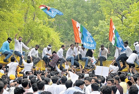 NSUI activists breach barricades during protest against alleged irregularities in NEET-UG.