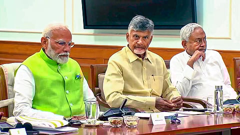 Prime Minister Narendra Modi with NDA partners N Chandrababu Naidu and Bihar CM Nitish Kumar.