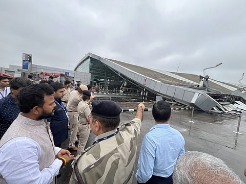 Union Minister of Civil Aviation Ram Mohan Naidu Kinjarapu assessing the damage at the spot, June 28, 2024)