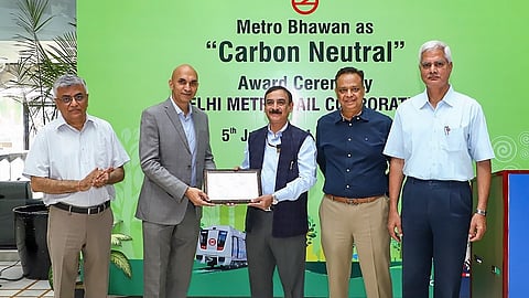 Principal Executive Director of the Delhi Metro Rail Corporation (DMRC) Anuj Dayal being presented the Carbon Neutral certification for DMRC headquarters Metro Bhawan on the occasion of World Environment Day, in New Delhi