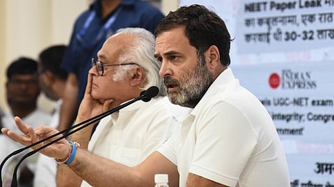 Congress leader Rahul Gandhi along with party general secretary-in-charge communications Jairam Ramesh