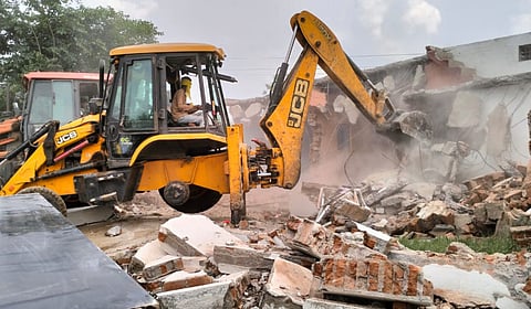 A house is being bulldozed in the Bhainwahi village of Mandla district over allegations of illegal beef trade.