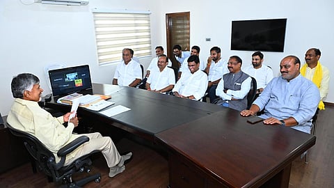 TDP supremo N Chandrababu Naidu during meeting at elected MPs at his residence in Undavalli.