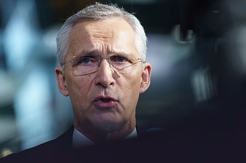 NATO Secretary General Jens Stoltenberg delivers a doorstep statement during a meeting of NATO Ministers of Defence at NATO Headquarters in Brussels on June 13, 2024.