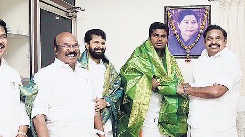 AIADMK general secretary Edapadi K Palaniswami and other leaders with BJP state president K Annamalai when tie-up was intact between both parties