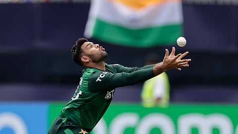 Pakistan's Usman Khan drops a catch of India's Rishabh Pant during the ICC Men's T20 World Cup cricket match between India and Pakistan at the Nassau County International Cricket Stadium in Westbury.