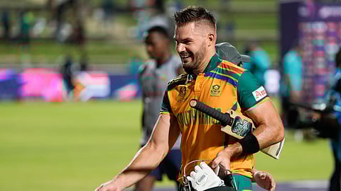 South Africa's captain Aiden Markram walks from the field following his team's nine wicket win over Afghanistan in their men's T20 World Cup semifinal cricket match on June 26, 2024.