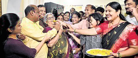 Family members of MP Bandi Sanjay Kumar celebrated at his residence in Karimnagar on Sunday, after knowing he has been inducted into the union cabinet