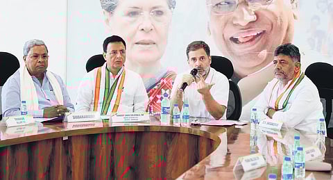 Congress leader Rahul Gandhi interacts with newly-elected party MPs and defeated candidates at the KPCC office in Bengaluru on Friday. CM Siddaramaiah, Dy CM
DK Shivakumar, and Congress General Secretary Randeep Singh Surjewala look on