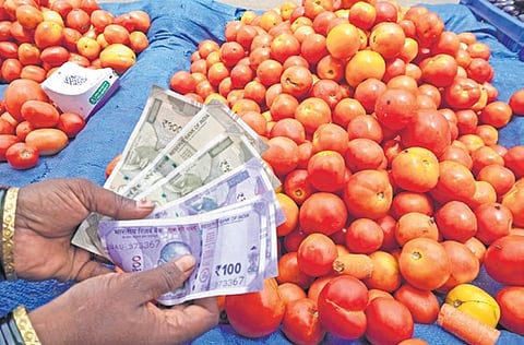 The price of tomatoes continues to soar in Telangana with per kg costing Rs 100 in retail vegetable shops.