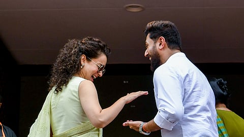 Union Minister Chirag Paswan and Bharatiya Janata Party (BJP) MP Kangana Ranaut greet each other as they arrive for the first session of the 18th Lok Sabha, in New Delhi on Wednesday, June 26, 2024.