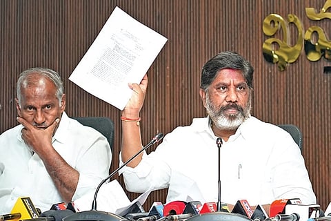 Deputy Chief Minister Mallu Bhatti Vikramarka briefs the media in Khammam on Thursday regarding the auction of coal mines set to commence from Friday