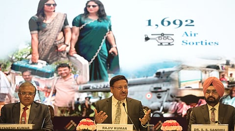 Chief Election Commissioner Rajiv Kumar addresses a press conference in New Delhi on Monday.