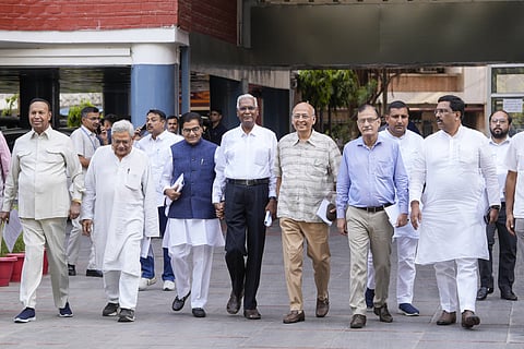 Congress leader Abhishek Manu Singhvi with INDIA parties leaders comes out after a meeting with the Election Commission of India, in New Delhi, Sunday, June 2, 2024.