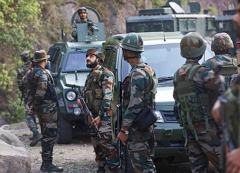 Army personnel during a search operation in Reasi district of Jammu and Kashmir.