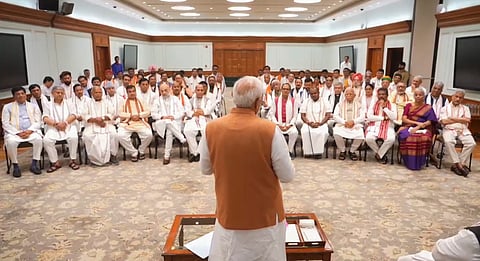 Prime Minister-designate Narendra Modi with NDA leaders during an interaction over tea, in New Delhi, Sunday, June 9, 2024.