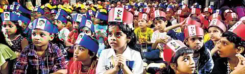 Students assemble ahead of classes on the first day of a new academic year at Govt Model UP School, Manacaud