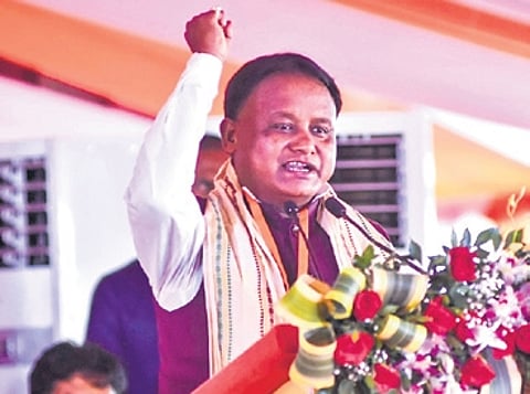 CM Mohan Majhi speaks at the felicitation ceremony on Sunday