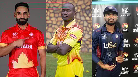 (L-R) Canada's Saad Bin Zafar, Uganda's Brian Masaba and US' Monank Patel