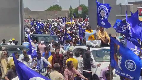 Dalit leaders and members of the "Samast Dalit Samaj Gujarat" took out a massive rally in Gondal to protest the alleged assault against an NSUI leader by the son of sitting BJP MLA Geetaba Jadeja.