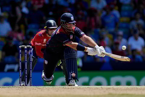 United States' Corey Anderson plays a shot during the ICC Men's T20 World Cup cricket match between the United States and England on June 23, 2024.